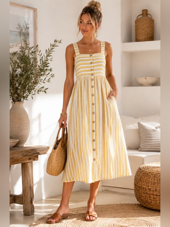 Rachel Zoe Dresses & Skirts - RACHEL ZOE Yellow Ivory Striped Linen Button Front Midi Dress Breezy Summer